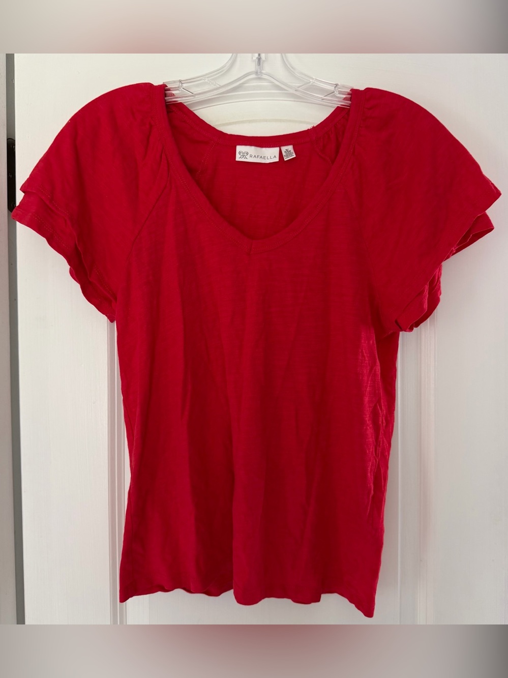 Rafaella Bright Red V-Neck Short Sleeve Tee with Flutter Sleeves